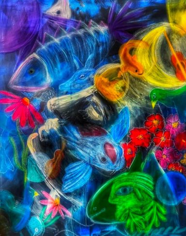 Bunte Fische umgeben von Wasserpflanzen und leuchtenden Blumen in lebhaftem Stil.